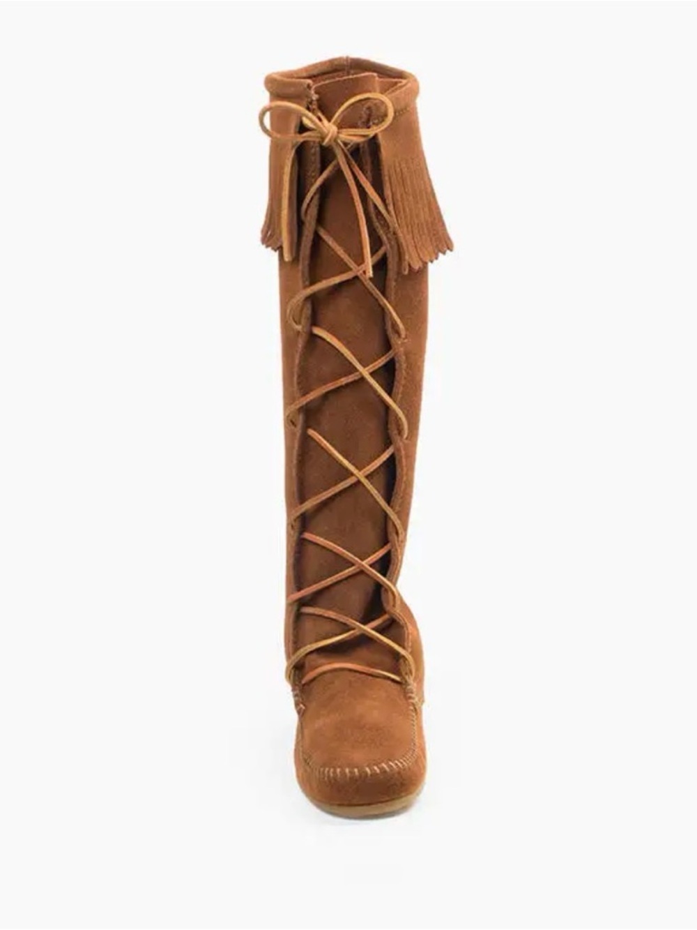 Minnetonka Fringe Lace-Up Over-the-Knee Suede Boots in Chestnut - Picture 2 of 7